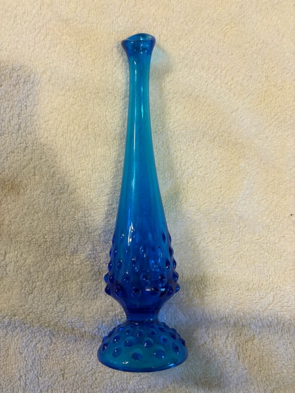 Vintage MCM Fenton Art Glass Blue Hobnail Swung Pedestal Bud Vase 9” mid century